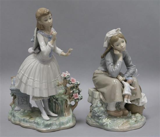 Two Lladro figures - a girl holding a doll, the other a lady holding a flower posy